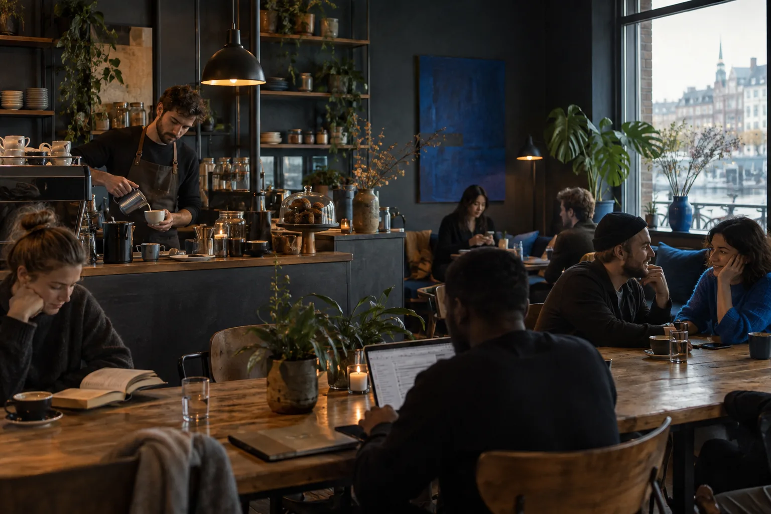 Illustrative coffee and conversation scene